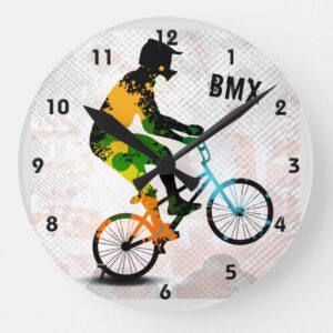 BMX Rider in Abstract Paint Splatters SQ WITH TEXT Round Clock