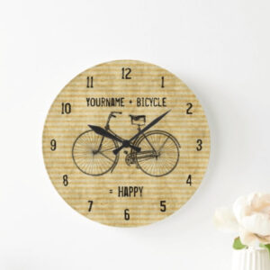 You Plus Bicycle Equals Happy Antique Bike Yellow Large Clock