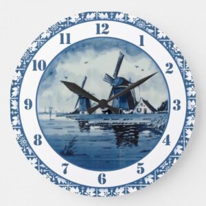Dutch Windmill Delft Colors Blue and White Large Clock