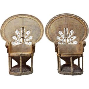 Pair of Midcentury Bohemian Woven Rattan Peacock Chairs